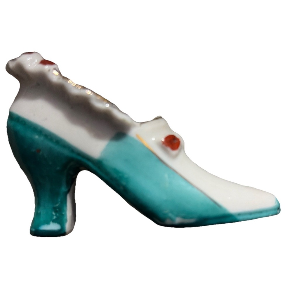 Porcelain Green Boot Figurine Vase Hand Painted Japan Shoe Dainty Victorian Deco